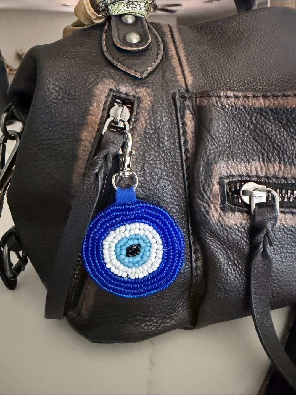 Hand-Beaded Evil Eye Keychain Charm - Blue & White
